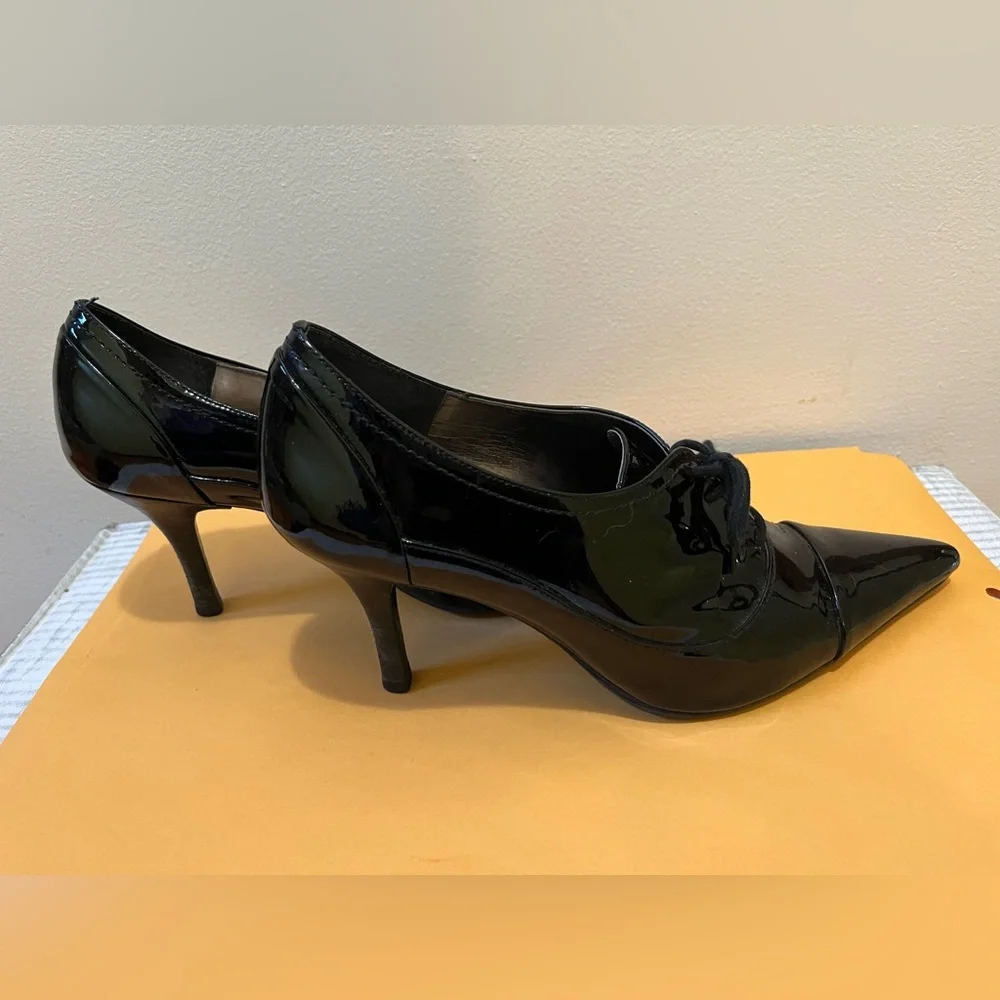 Ann Taylor Cannes Pointy Toe Oxford Size 7m Black Patent Leather Made In Brazil
